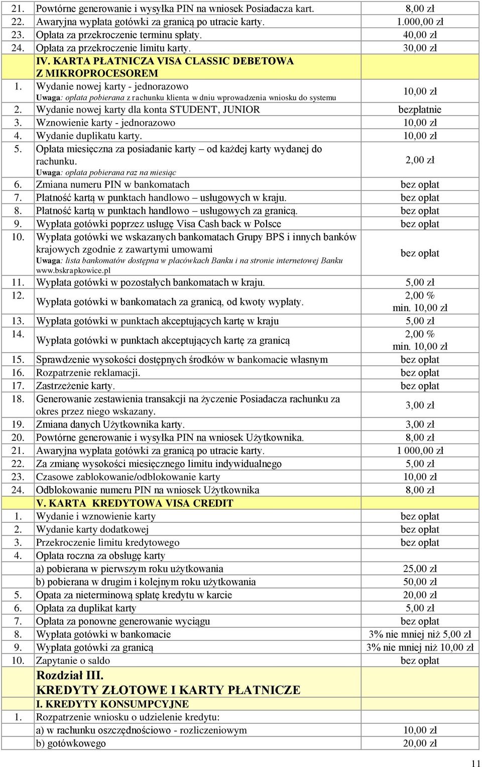 Wydanie nowej karty - jednorazowo opłata pobierana z rachunku klienta w dniu wprowadzenia wniosku do systemu 10,00 zł 2. Wydanie nowej karty dla konta STUDENT, JUNIOR bezpłatnie 3.