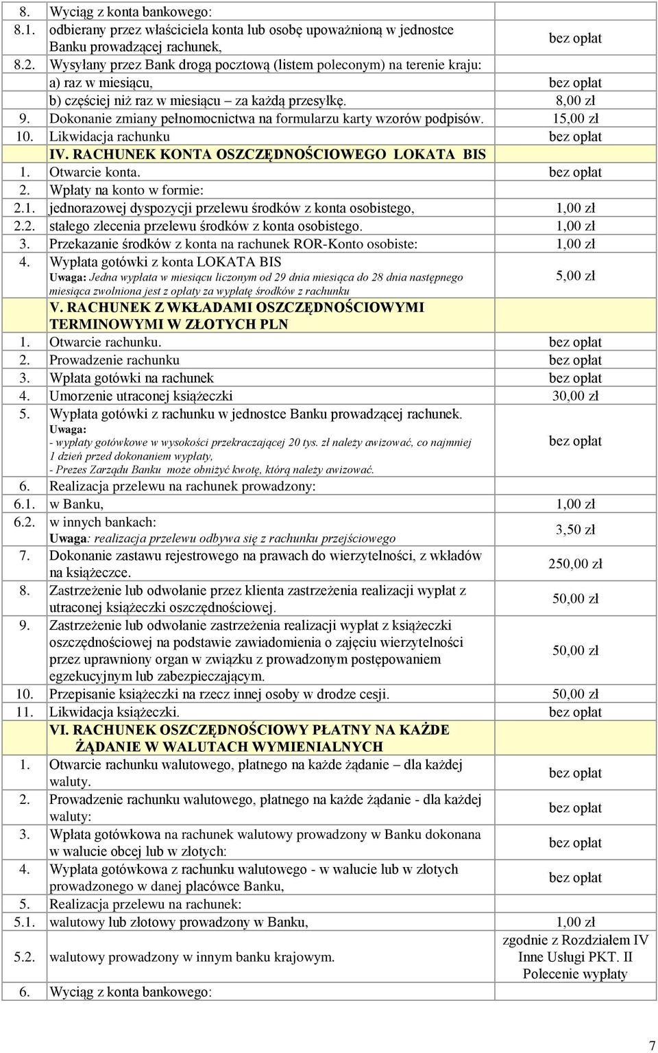 Dokonanie zmiany pełnomocnictwa na formularzu karty wzorów podpisów. 15,00 zł 10. Likwidacja rachunku IV. RACHUNEK KONTA OSZCZĘDNOŚCIOWEGO LOKATA BIS 1. Otwarcie konta. 2. Wpłaty na konto w formie: 2.