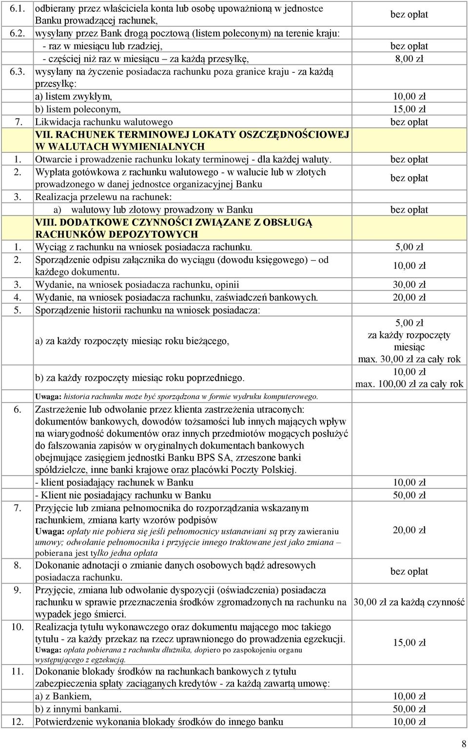 wysyłany na życzenie posiadacza rachunku poza granice kraju - za każdą przesyłkę: a) listem zwykłym, 10,00 zł b) listem poleconym, 15,00 zł 7. Likwidacja rachunku walutowego VII.