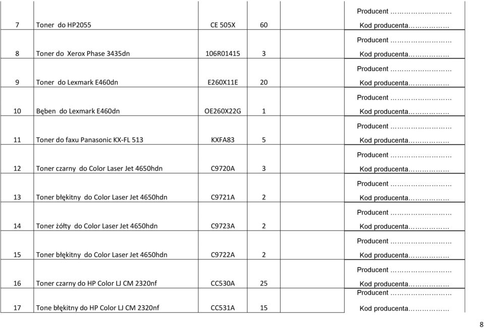 Toner błękitny do Color Laser Jet 4650hdn C9721A 2 14 Toner żółty do Color Laser Jet 4650hdn C9723A 2 15 Toner błękitny do