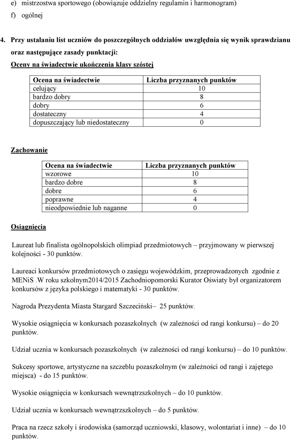 przyznanych punktów celujący 10 bardzo dobry 8 dobry 6 dostateczny 4 dopuszczający lub niedostateczny 0 Zachowanie Osiągnięcia Ocena na świadectwie Liczba przyznanych punktów wzorowe 10 bardzo dobre