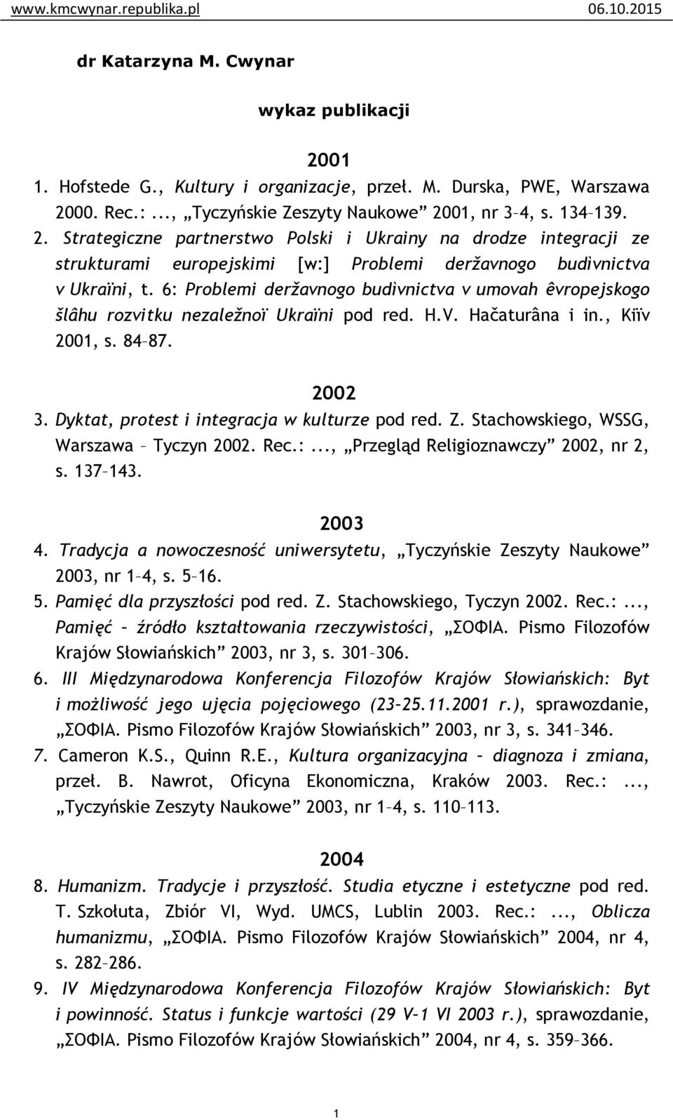 Z. Stachowskiego, WSSG, Warszawa Tyczyn 2002. Rec.:..., Przegląd Religioznawczy 2002, nr 2, s. 137 143. 2003 4. Tradycja a nowoczesność uniwersytetu, Tyczyńskie Zeszyty Naukowe 2003, nr 1 4, s. 5 16.