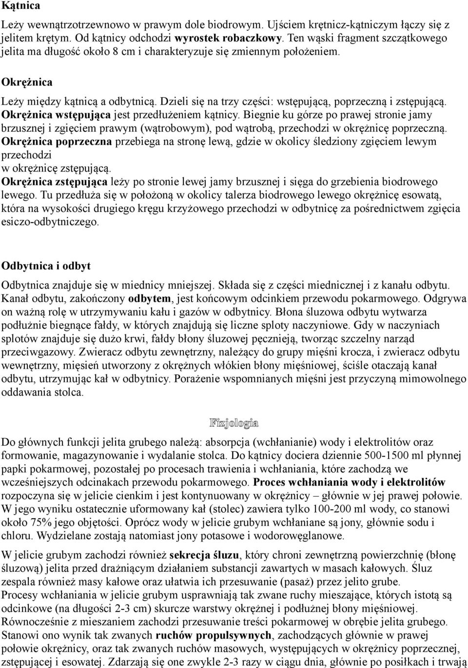 Dzieli się na trzy części: wstępującą, poprzeczną i zstępującą. Okrężnica wstępująca jest przedłużeniem kątnicy.