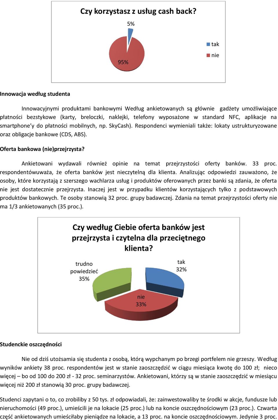 NFC, aplikacje na smartphone y do płatności mobilnych, np. SkyCash). Respondenci wymieniali że: lokaty ustrukturyzowane oraz obligacje bankowe (CDS, ABS). Oferta bankowa ()przejrzysta?