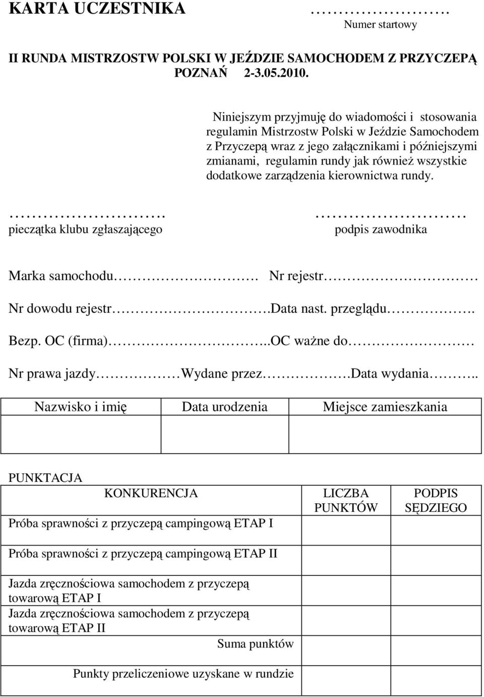 wszystkie dodatkowe zarządzenia kierownictwa rundy.. pieczątka klubu zgłaszającego podpis zawodnika Marka samochodu. Nr rejestr Nr dowodu rejestr.data nast. przeglądu. Bezp. OC (firma).