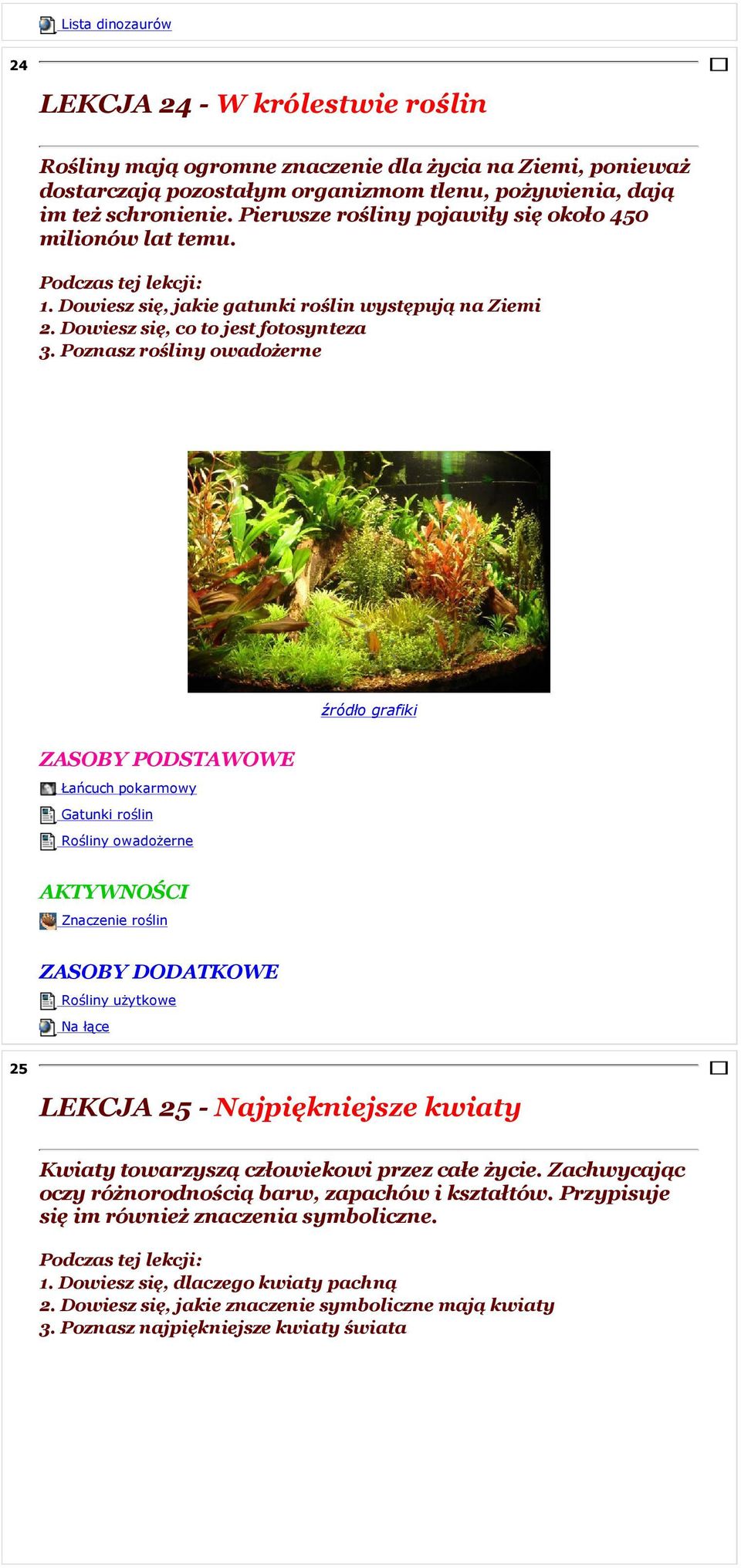 Poznasz rośliny owadożerne Łańcuch pokarmowy Gatunki roślin Rośliny owadożerne Znaczenie roślin Rośliny użytkowe Na łące 25 LEKCJA 25 - Najpiękniejsze kwiaty Kwiaty towarzyszą człowiekowi przez całe