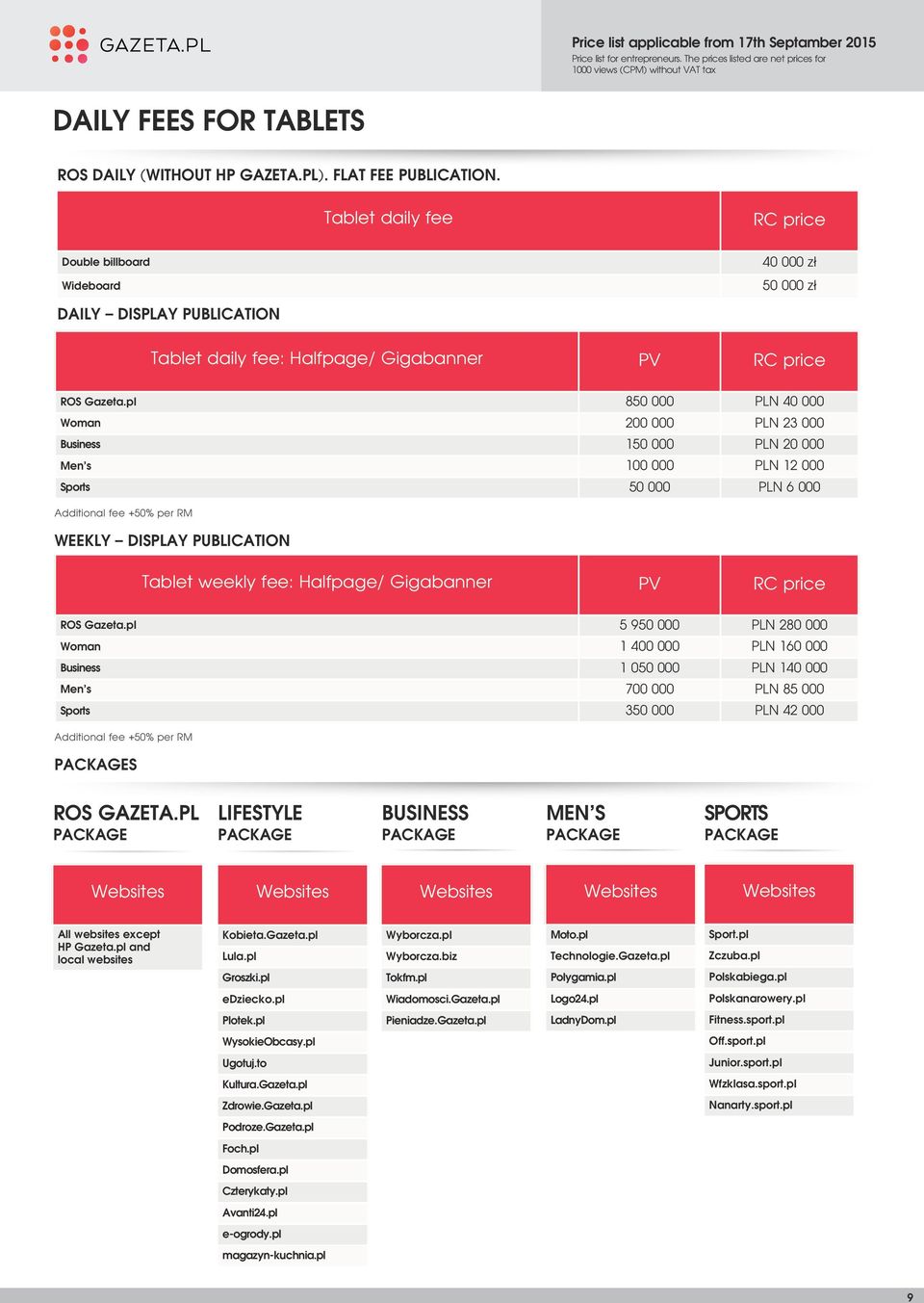 pl 850 000 PLN 40 000 Woman 200 000 PLN 23 000 Business 150 000 PLN 20 000 Men s 100 000 PLN 12 000 Sports 50 000 PLN 6 000 Additional fee +50% per RM WEEKLY DISPLAY PUBLICATION Tablet weekly fee: