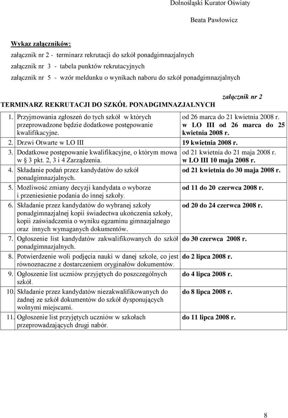 Przyjmowania zgłoszeń do tych szkół w których przeprowadzone będzie dodatkowe postępowanie kwalifikacyjne. załącznik nr 2 od 26 marca do 21 kwietnia 2008 r. w LO III od 26 marca do 25 kwietnia 2008 r.
