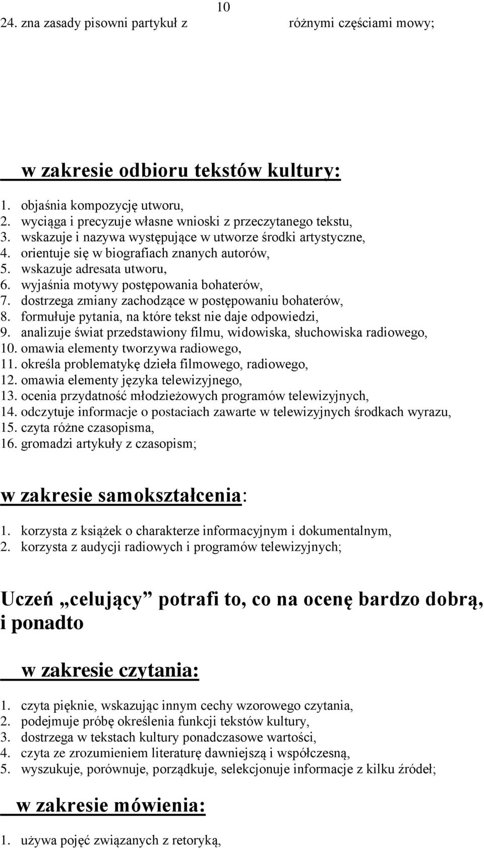 dostrzega zmiany zachodzące w postępowaniu bohaterów, 8. formułuje pytania, na które tekst nie daje odpowiedzi, 9. analizuje świat przedstawiony filmu, widowiska, słuchowiska radiowego, 10.