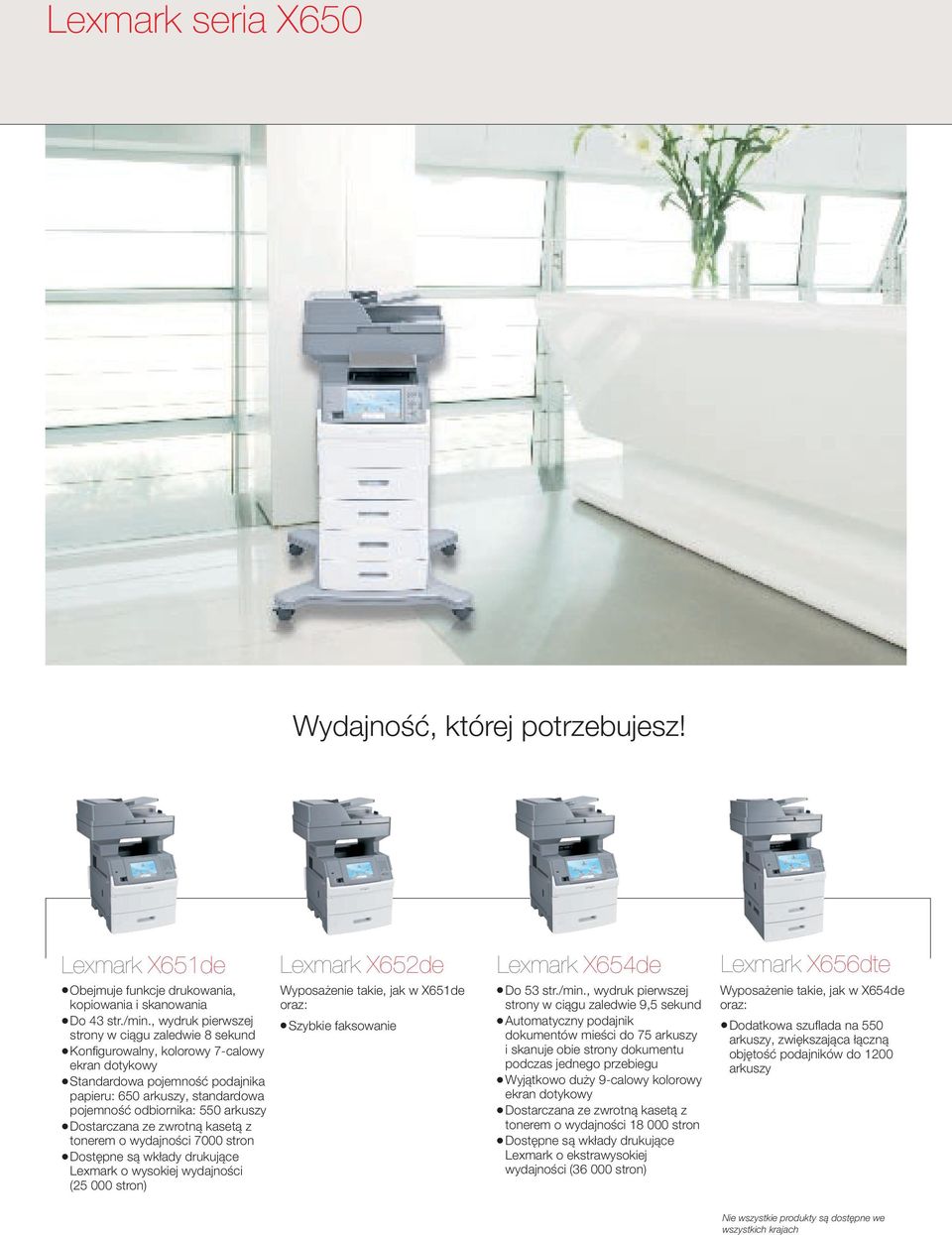 Dostarczana ze zwrotną kasetą z tonerem o wydajności 7000 stron l Dostępne są wkłady drukujące Lexmark o wysokiej wydajności (25 000 stron) Wyposażenie takie, jak w X651de oraz: l Szybkie faksowanie