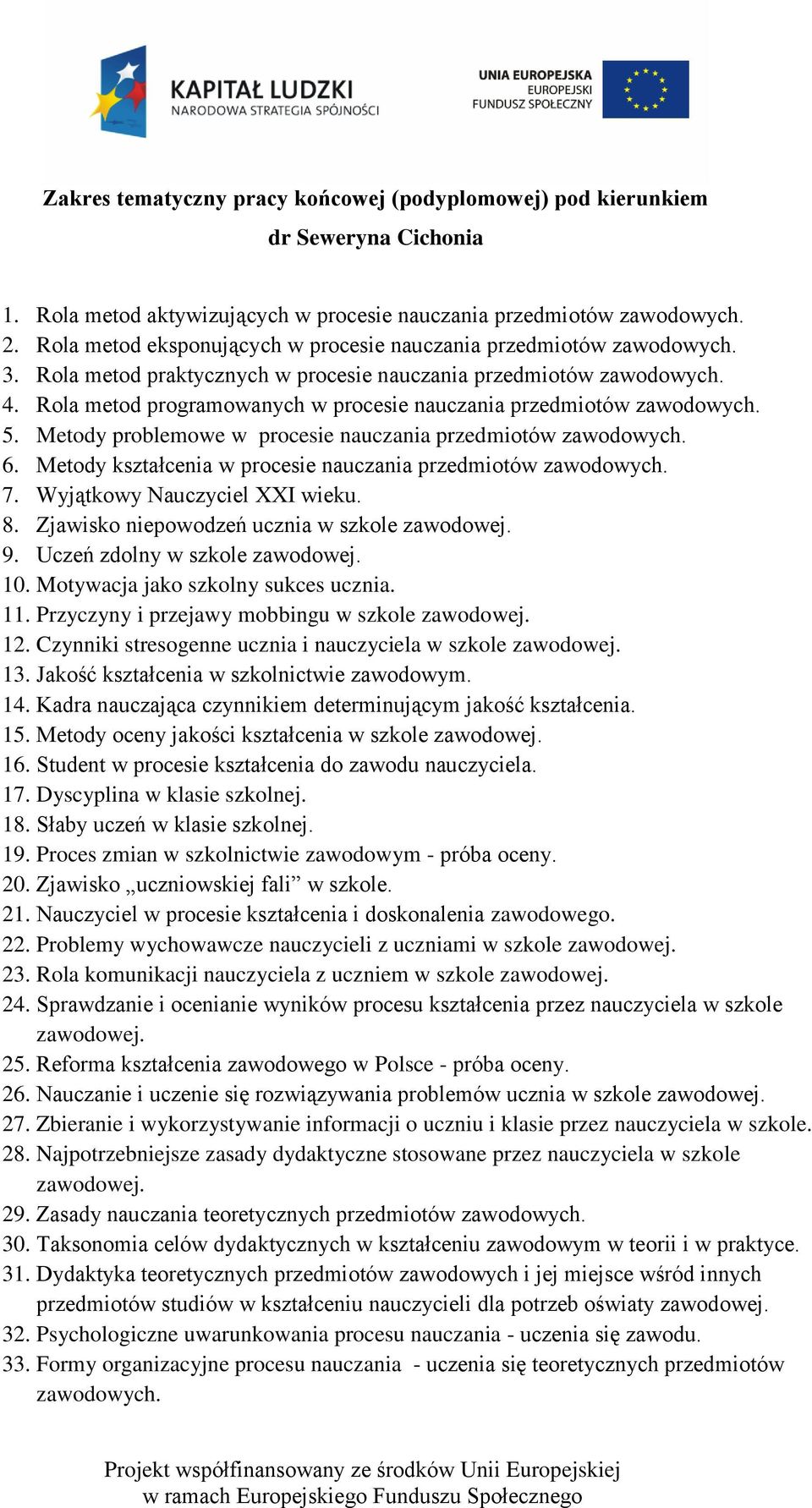 Metody problemowe w procesie nauczania przedmiotów zawodowych. 6. Metody kształcenia w procesie nauczania przedmiotów zawodowych. 7. Wyjątkowy Nauczyciel XXI wieku. 8.