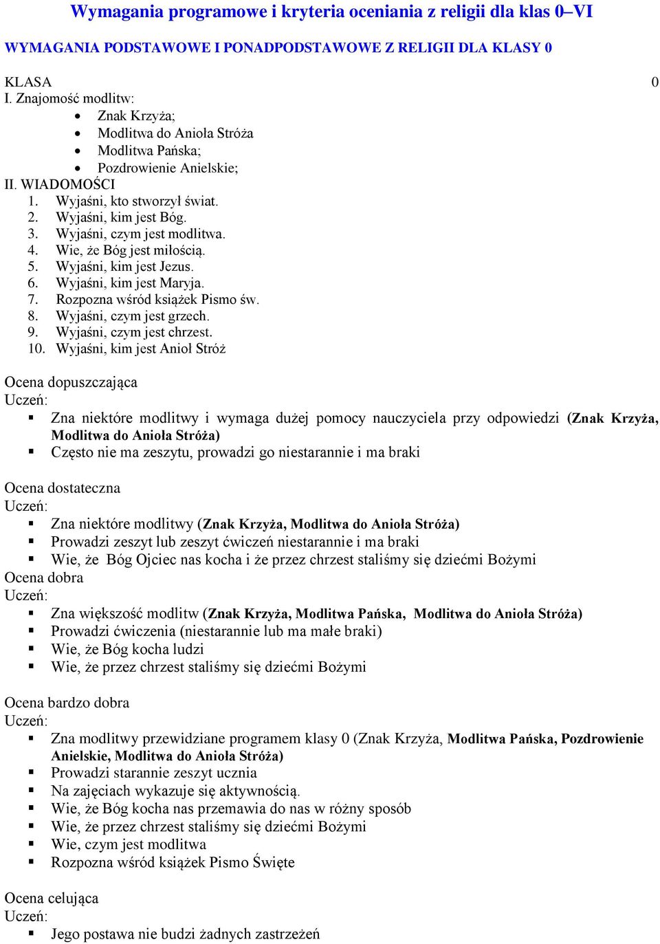 Wie, że Bóg jest miłością. 5. Wyjaśni, kim jest Jezus. 6. Wyjaśni, kim jest Maryja. 7. Rozpozna wśród książek Pismo św. 8. Wyjaśni, czym jest grzech. 9. Wyjaśni, czym jest chrzest. 10.