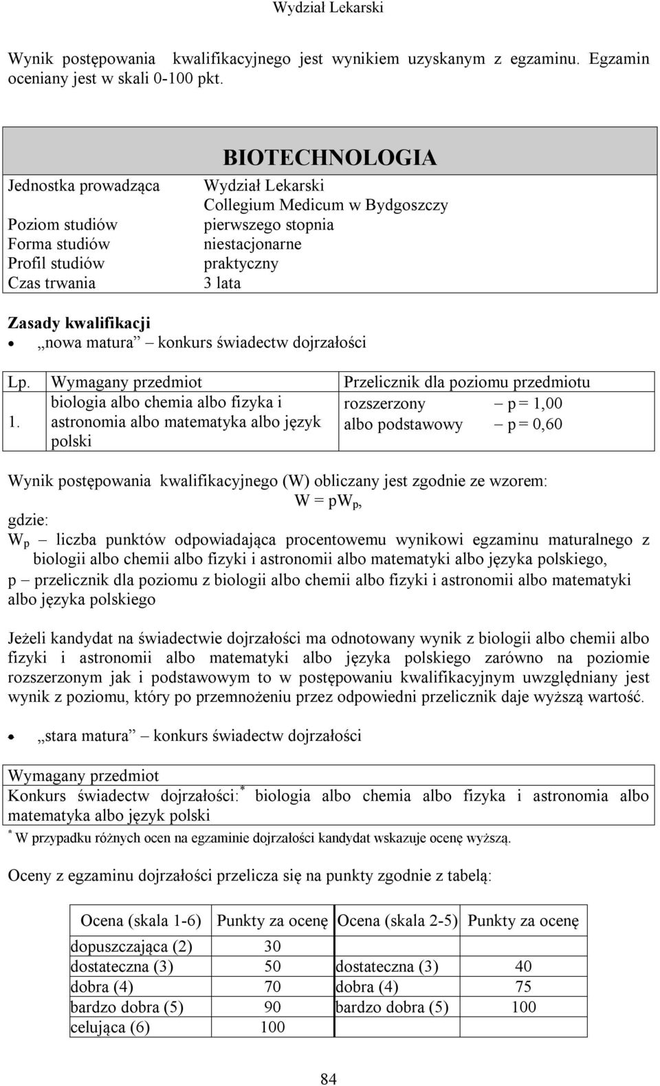 Wymagany przedmiot Przelicznik dla poziomu przedmiotu biologia albo chemia albo fizyka i rozszerzony p = 1,00 1.