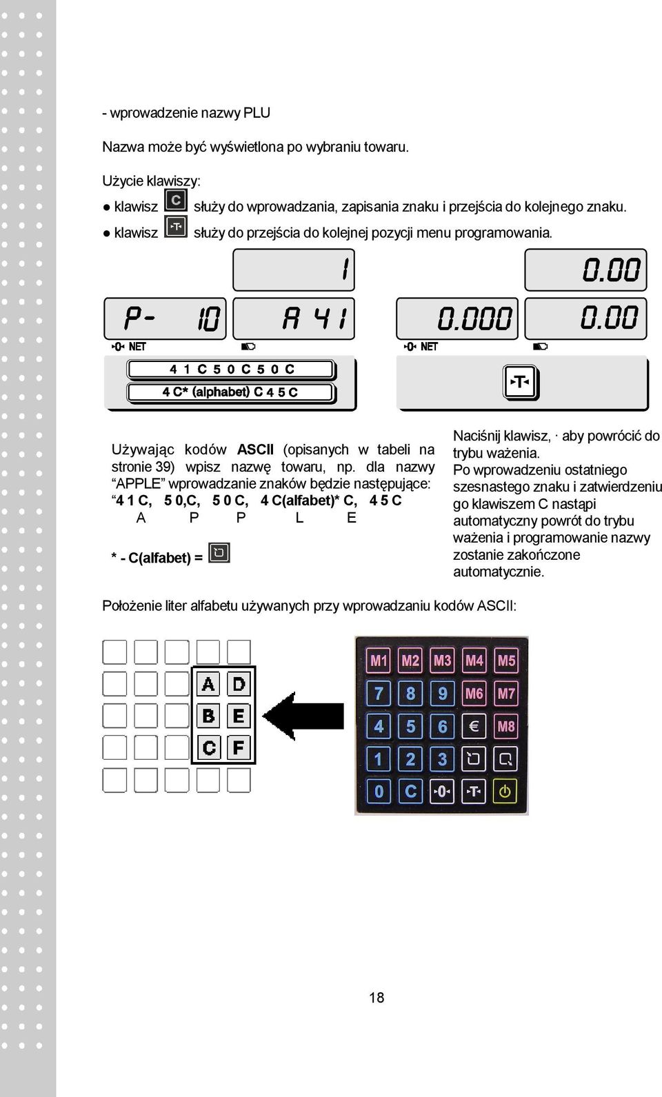 dla nazwy APPLE wprowadzanie znaków będzie następujące: 4 1 C, 5 0,C, 5 0 C, 4 C(alfabet)* C, 4 5 C A P P L E * - C(alfabet) = Naciśnij klawisz, aby powrócić do trybu ważenia.