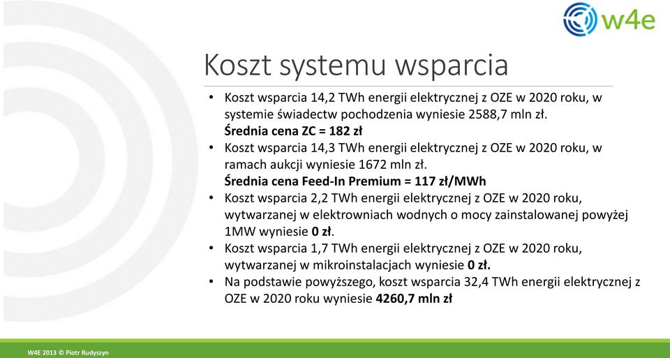 Średnia cena Feed-In Premium = 117 zł/mwh Koszt wsparcia 2,2 TWh energii elektrycznej z OZE w 2020 roku, wytwarzanej w elektrowniach wodnych o mocy zainstalowanej powyżej