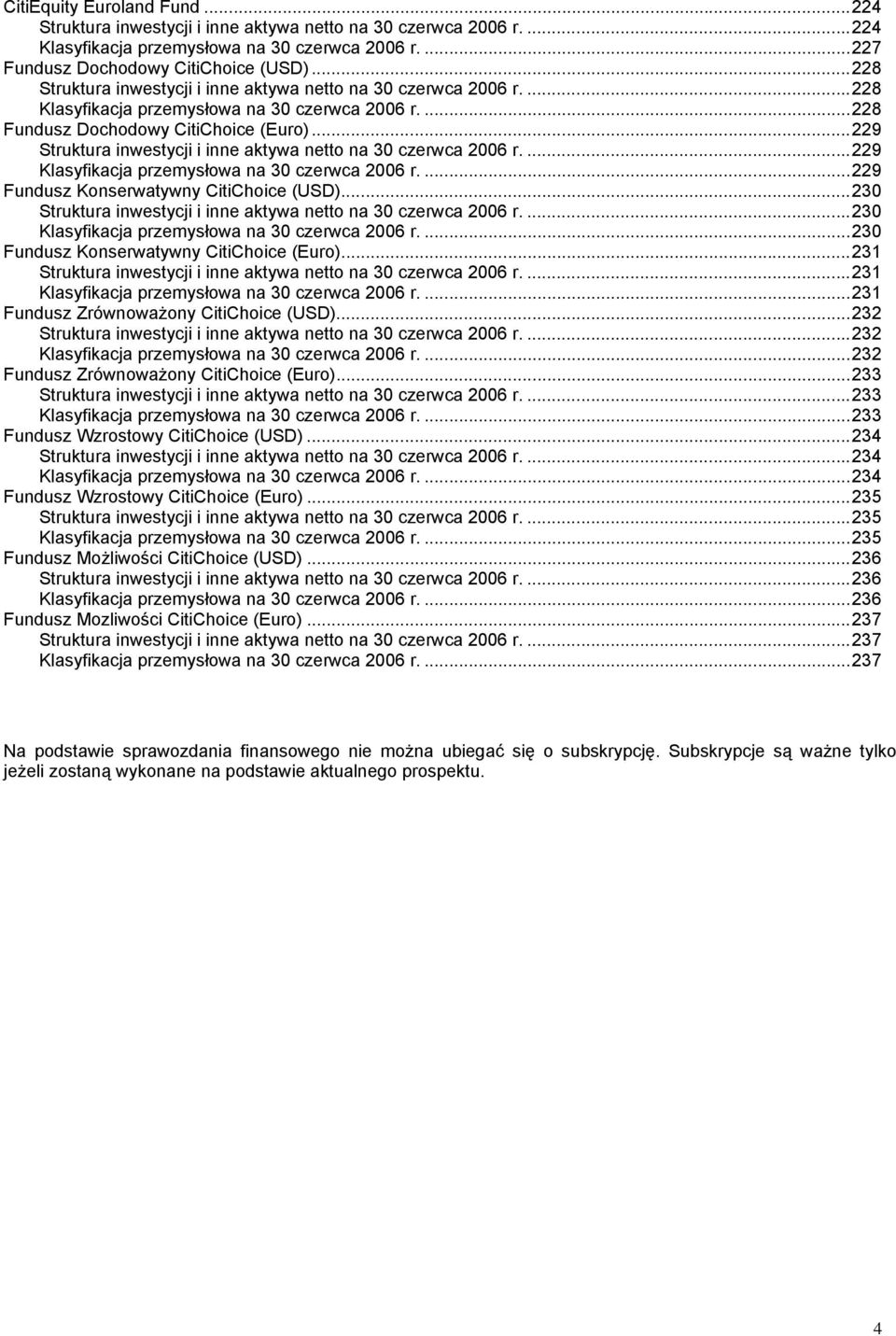 ..229 Struktura inwestycji i inne aktywa netto na 30 czerwca 2006 r....229 Klasyfikacja przemysłowa na 30 czerwca 2006 r....229 Fundusz Konserwatywny CitiChoice (USD).