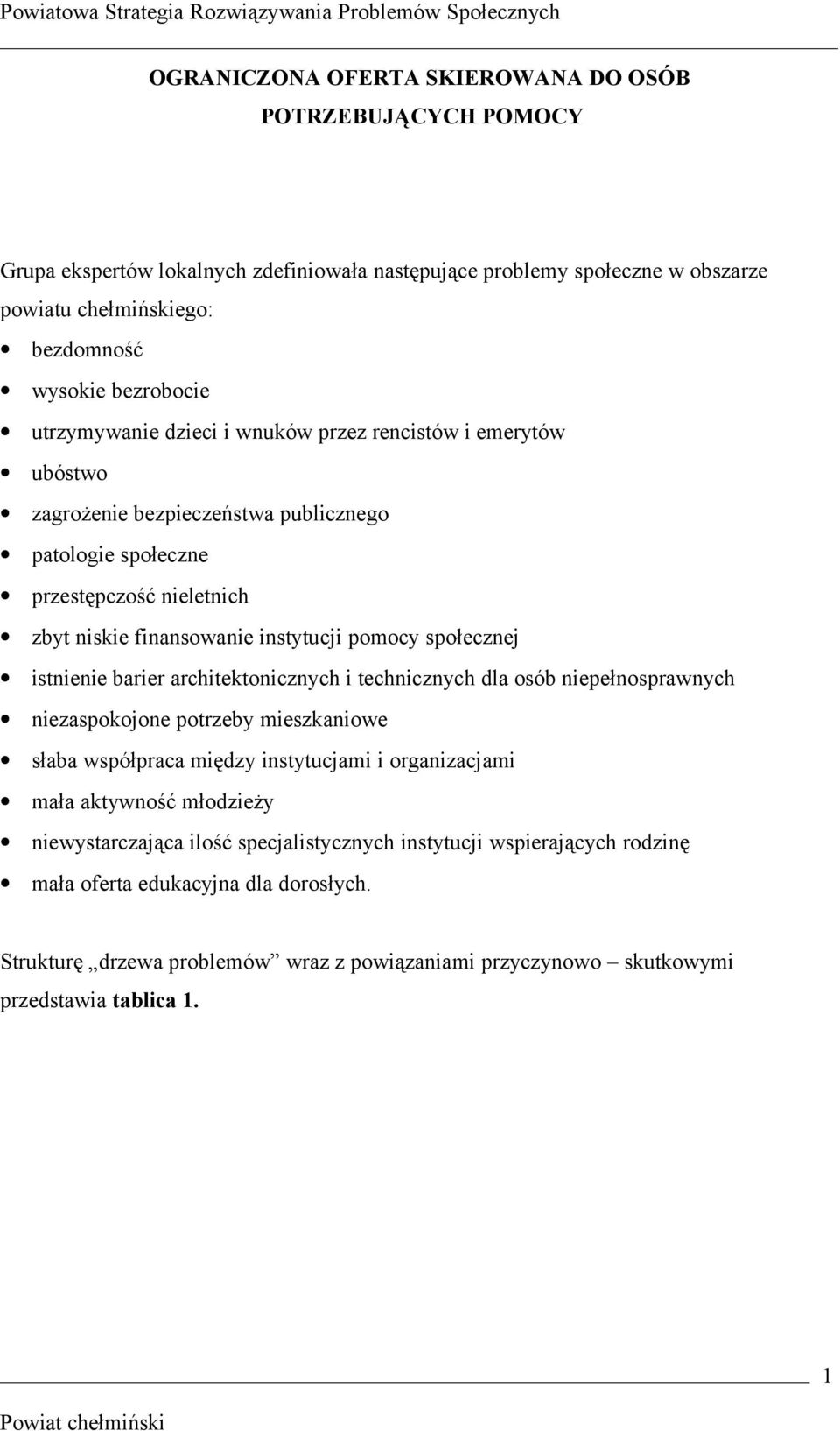 społecznej istnienie barier architektonicznych i technicznych dla osób niepełnosprawnych niezaspokojone potrzeby mieszkaniowe słaba współpraca między instytucjami i organizacjami mała aktywność