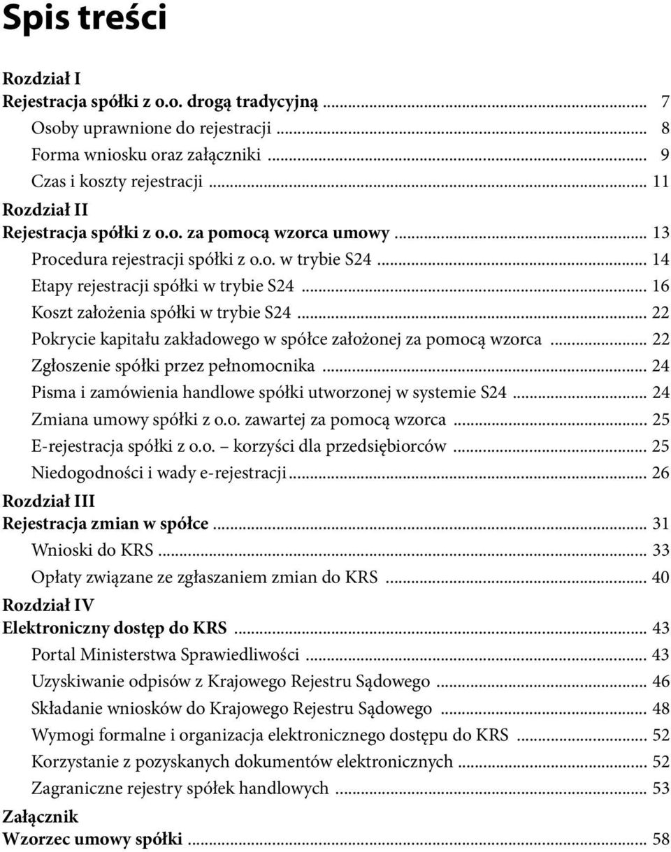 .. 16 Koszt założenia spółki w trybie S24... 22 Pokrycie kapitału zakładowego w spółce założonej za pomocą wzorca... 22 Zgłoszenie spółki przez pełnomocnika.