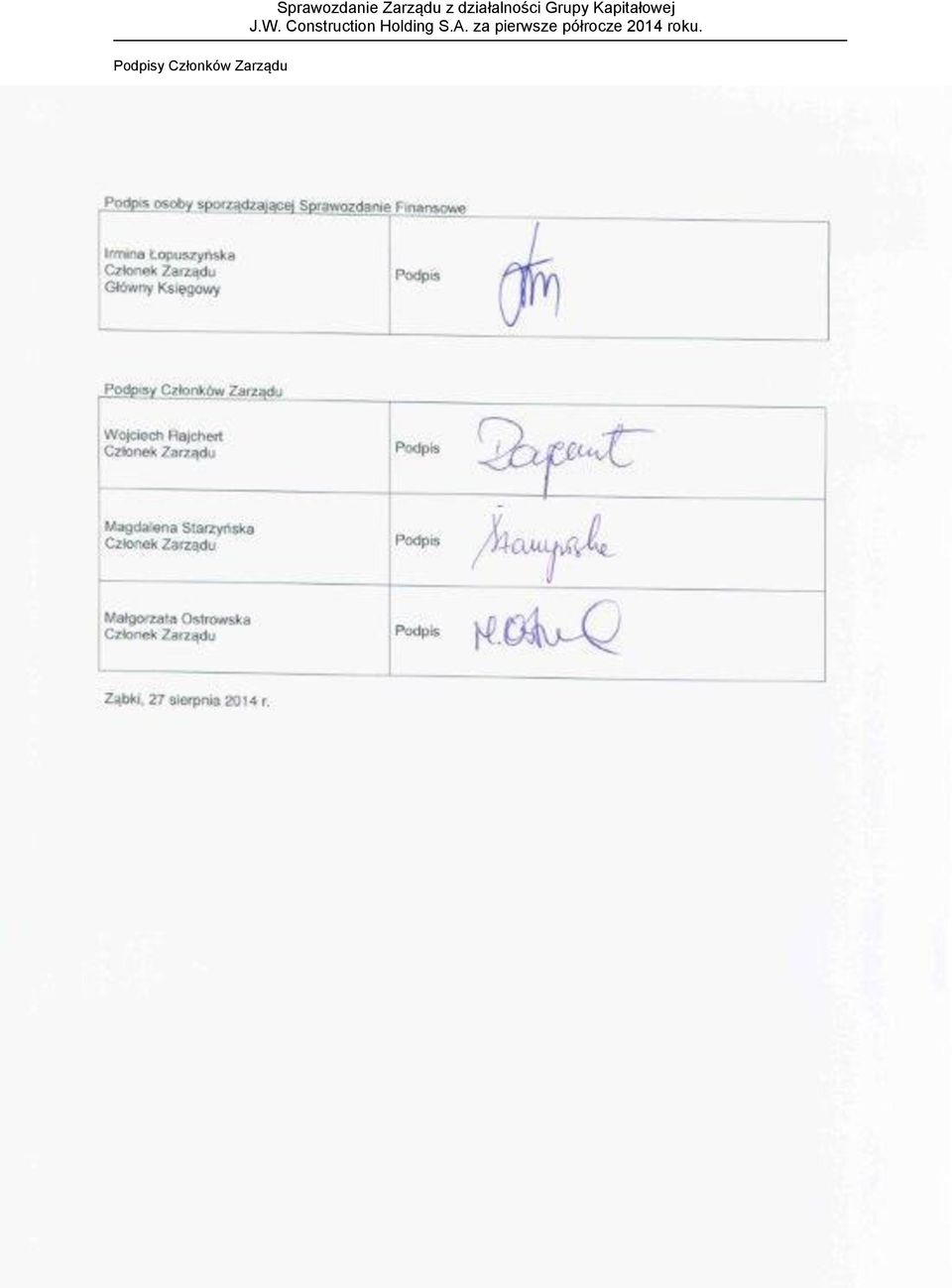 Rajchert Członek Zarządu Podpis Magdalena Starzyńska Członek Zarządu