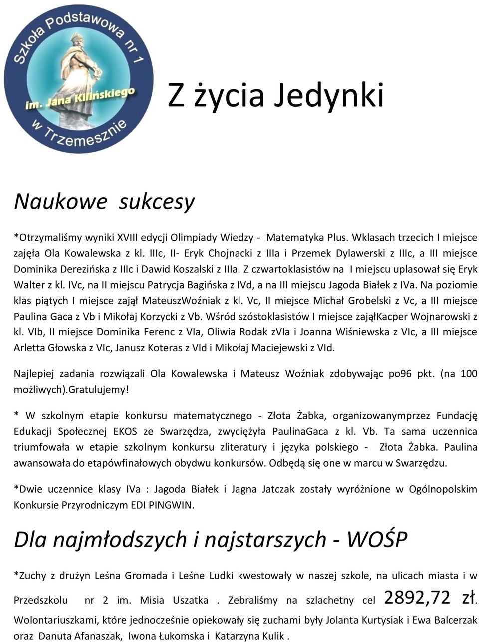 IVc, na II miejscu Patrycja Bagińska z IVd, a na III miejscu Jagoda Białek z IVa. Na poziomie klas piątych I miejsce zajął MateuszWoźniak z kl.