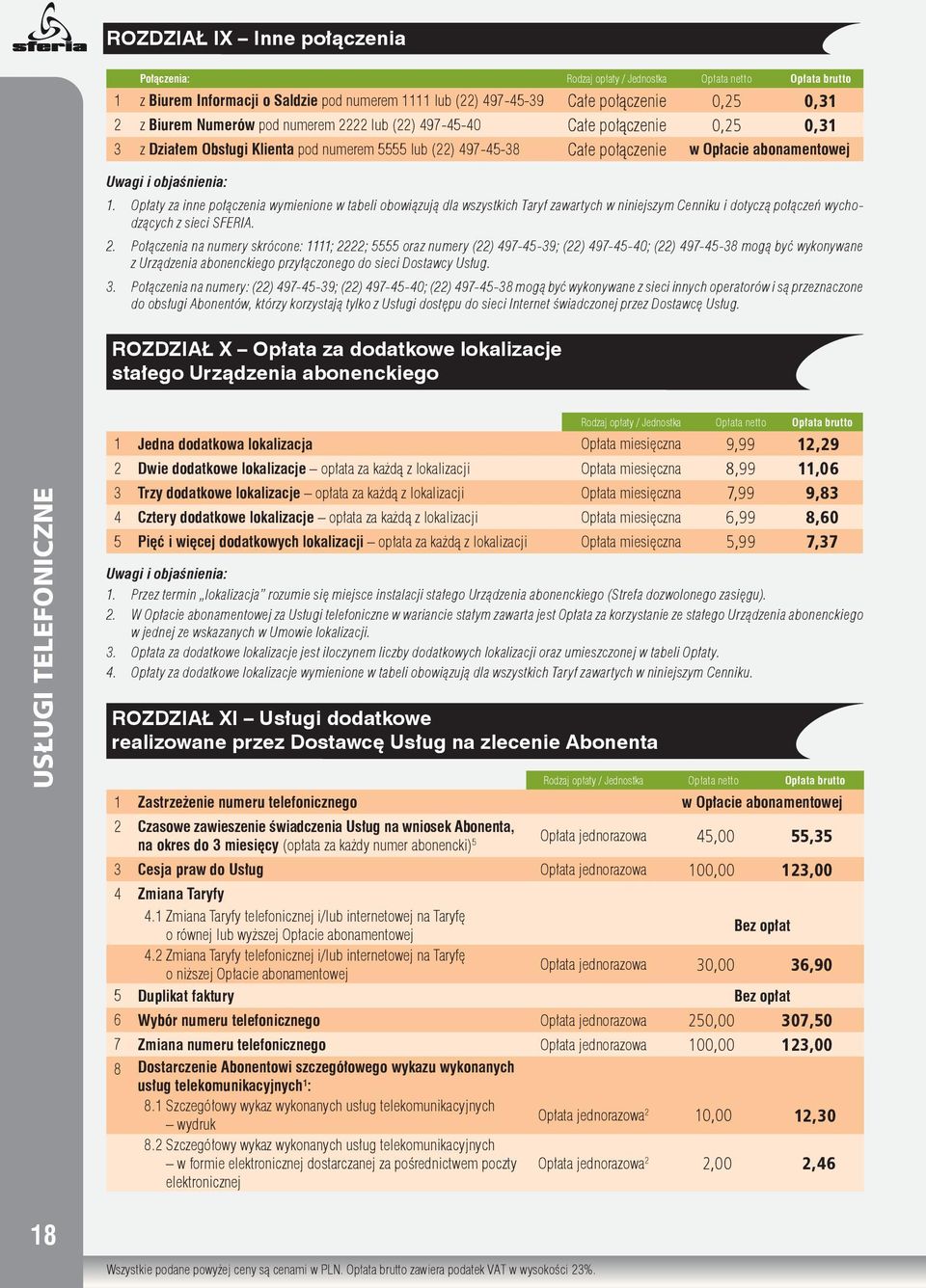 Opłaty za inne połączenia wymienione w tabeli obowiązują dla wszystkich Taryf zawartych w niniejszym Cenniku i dotyczą połączeń wychodzących z sieci SFERIA. 2.