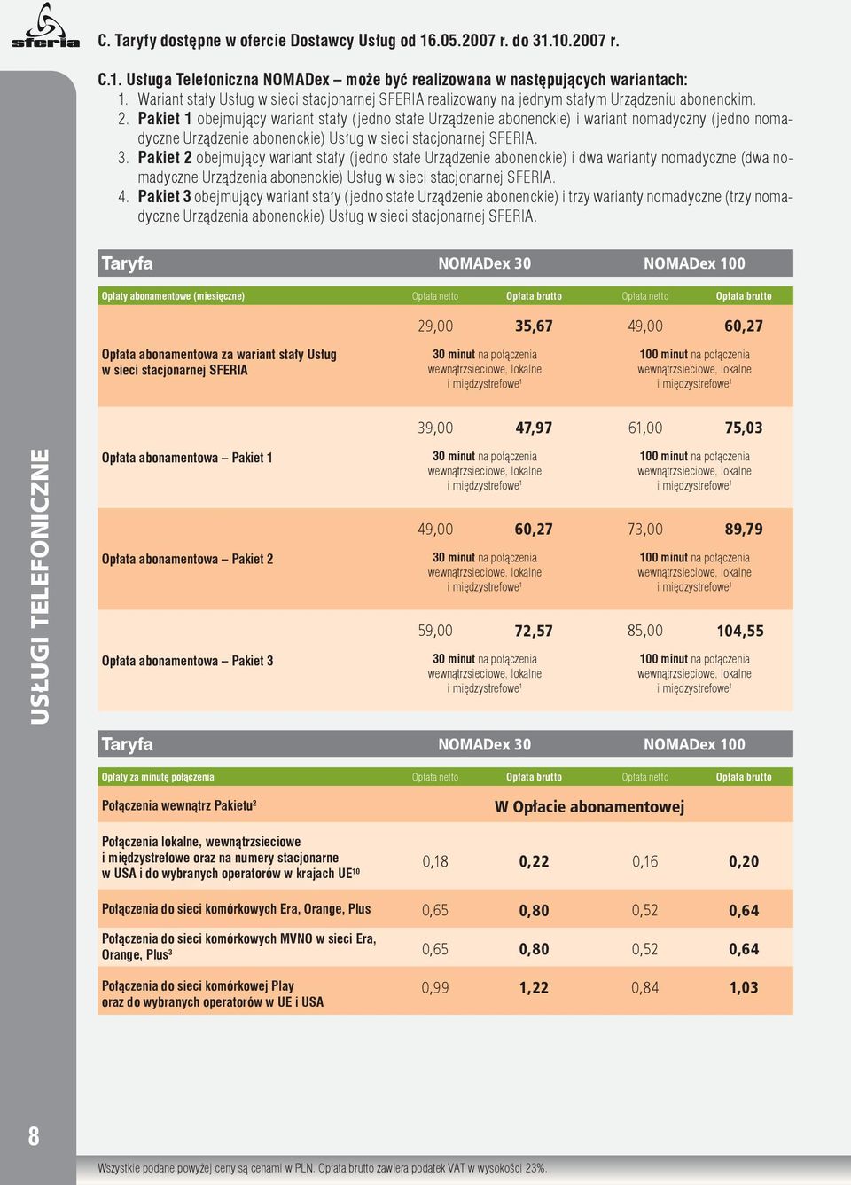Pakiet 1 obejmujący wariant stały (jedno stałe Urządzenie abonenckie) i wariant nomadyczny (jedno nomadyczne Urządzenie abonenckie) Usług w sieci stacjonarnej SFERIA. 3.