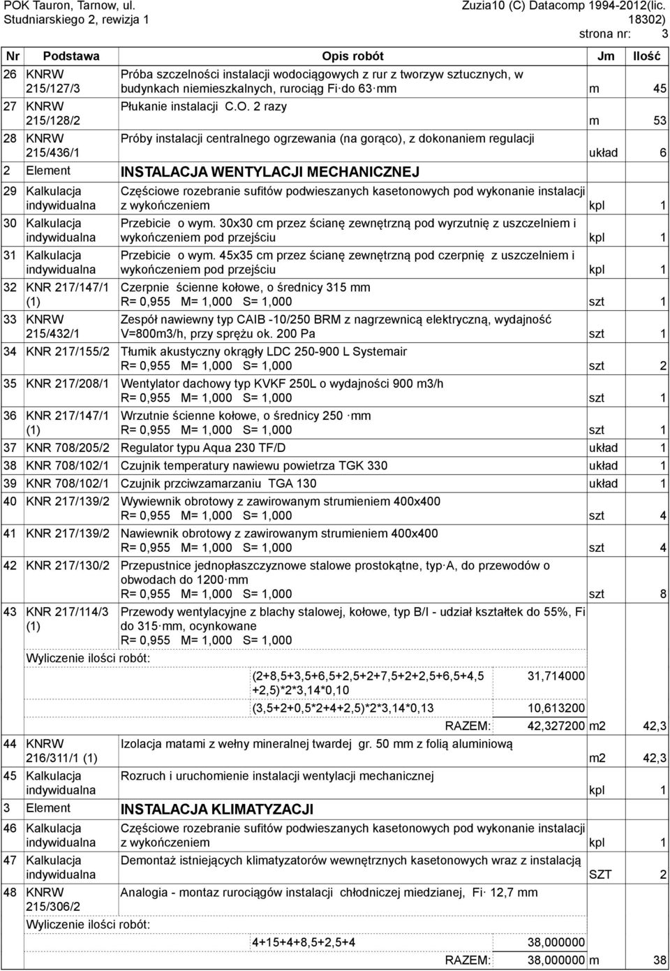 2 razy Próby instalacji centralnego ogrzewania (na gorąco), z dokonaniem regulacji 2 Element INSTALACJA WENTYLACJI MECHANICZNEJ 29 Kalkulacja 30 Kalkulacja 31 Kalkulacja 32 KNR 217/147/1 (1) 33 KNRW