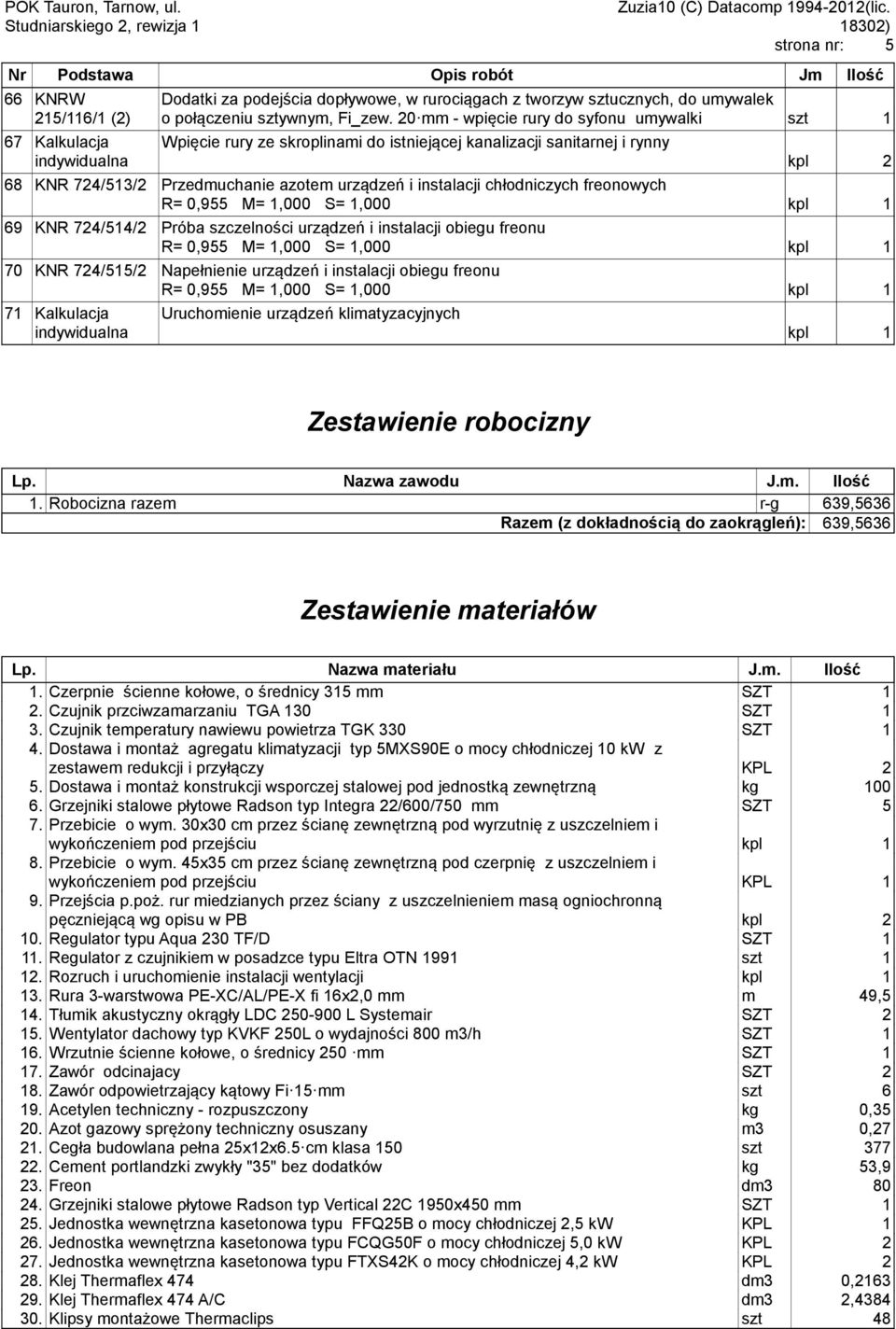 freonowych R= 0,955 M= 1,000 S= 1,000 kpl 1 69 KNR 724/514/2 Próba szczelności urządzeń i instalacji obiegu freonu R= 0,955 M= 1,000 S= 1,000 kpl 1 70 KNR 724/515/2 Napełnienie urządzeń i instalacji