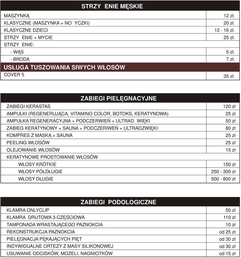 ULTRADZWIĘKI KOMPRES Z MASKĄ + SAUNA PEELING WŁOSÓW OLEJOWANIE WŁOSÓW KERATYNOWE PROSTOWANIE WŁOSÓW 80 zł 15 zł 250-300 zł 500-800 zł KLAMRA ONLYCLIP KLAMRA DRUTOWA 3-CZĘŚCIOWA TAMPONADA