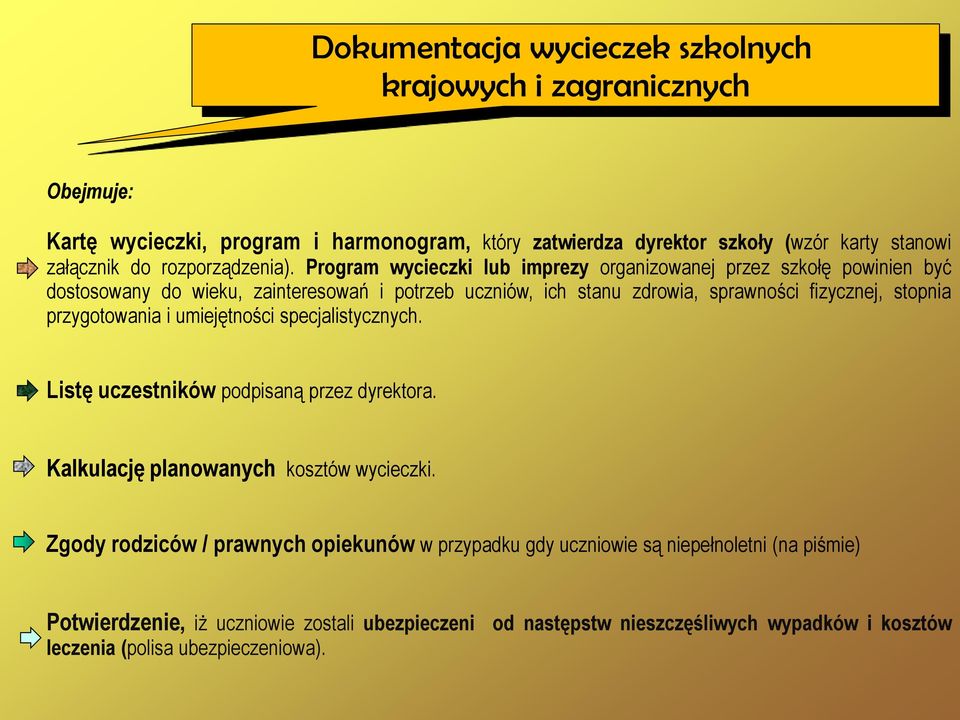 Program wycieczki lub imprezy organizowanej przez szkołę powinien być dostosowany do wieku, zainteresowań i potrzeb uczniów, ich stanu zdrowia, sprawności fizycznej, stopnia