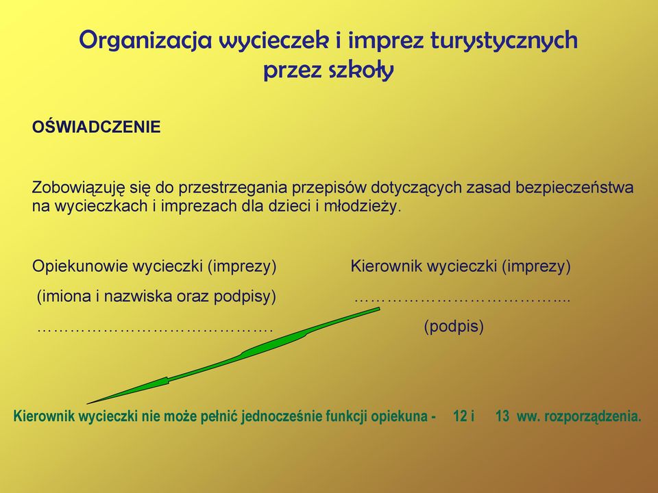 młodzieży. Opiekunowie wycieczki (imprezy) (imiona i nazwiska oraz podpisy).