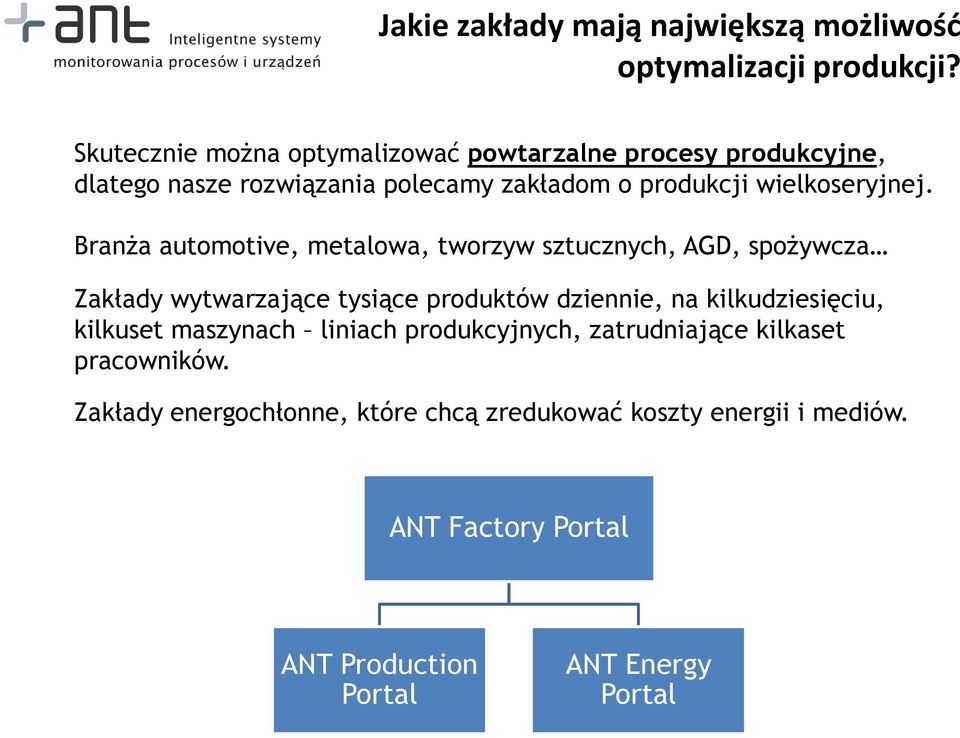 Branża automotive, metalowa, tworzyw sztucznych, AGD, spożywcza Zakłady wytwarzające tysiące produktów dziennie, na kilkudziesięciu,