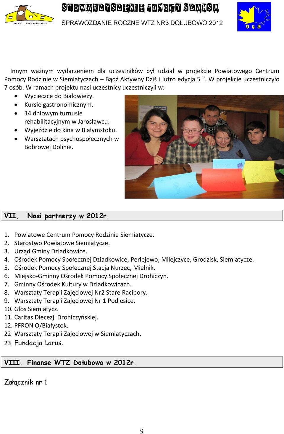 Warsztatach psychospołecznych w Bobrowej Dolinie. VII. Nasi partnerzy w 2012r. 1. Powiatowe Centrum Pomocy Rodzinie Siemiatycze. 2. Starostwo Powiatowe Siemiatycze. 3. Urząd Gminy Dziadkowice. 4.