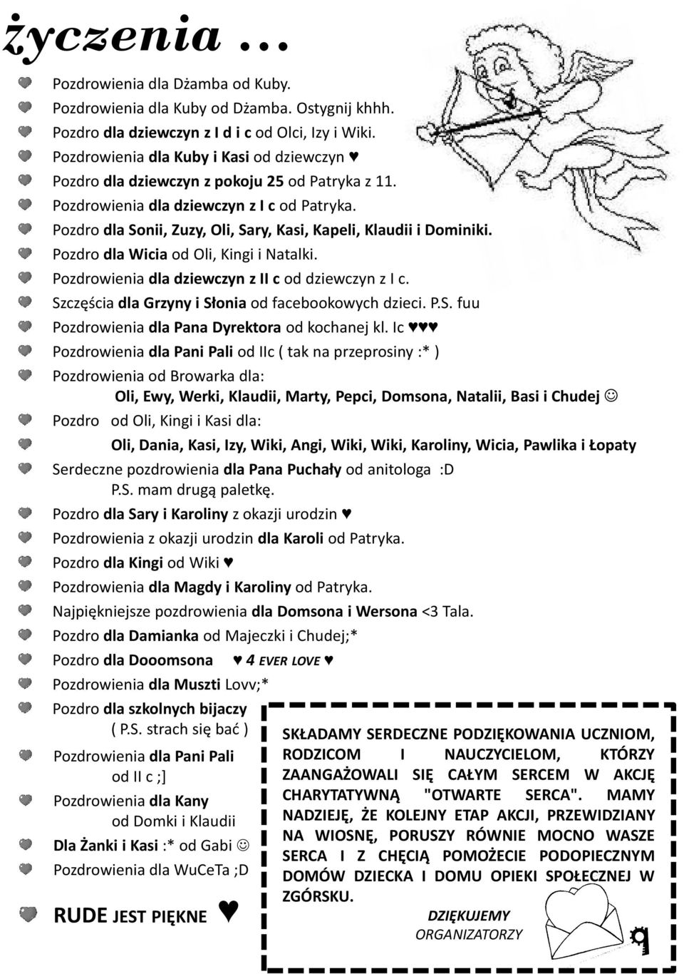 Pozdro dla Sonii, Zuzy, Oli, Sary, Kasi, Kapeli, Klaudii i Dominiki. Pozdrodla Wicia od Oli, Kingi i Natalki. Pozdrowienia dla dziewczyn z II c od dziewczyn z I c.