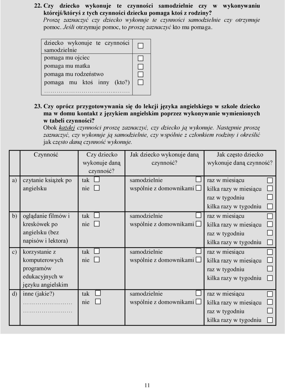 dziecko wykonuje te czynności samodziel pomaga mu ojciec pomaga mu matka pomaga mu rodzeństwo pomaga mu ktoś inny (kto?)... 23.