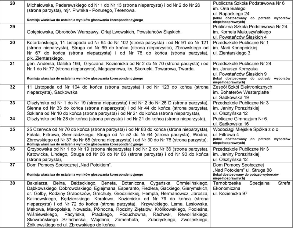 30 Kotarbińskiego, 11 Listopada od Nr 64 do Nr 102 (strona parzysta) i od Nr 91 do Nr 121 (strona nieparzysta), Struga od Nr 69 do końca (strona nieparzysta), Zbrowskiego od Nr 67 do końca (strona