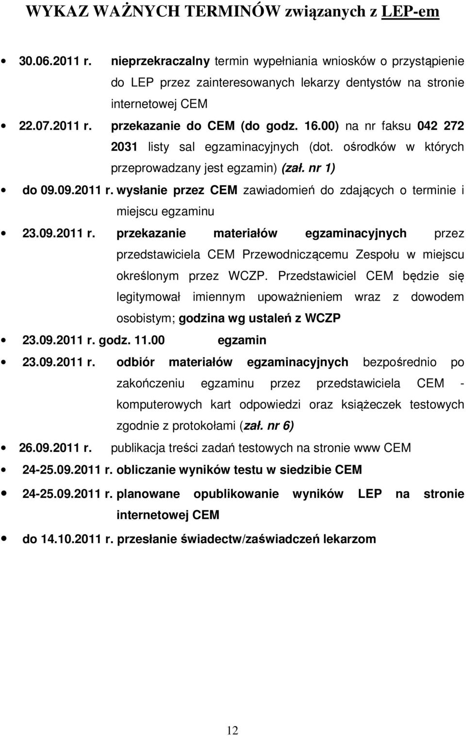 09.2011 r. przekazanie materiałów egzaminacyjnych przez przedstawiciela CEM Przewodniczącemu Zespołu w miejscu określonym przez WCZP.