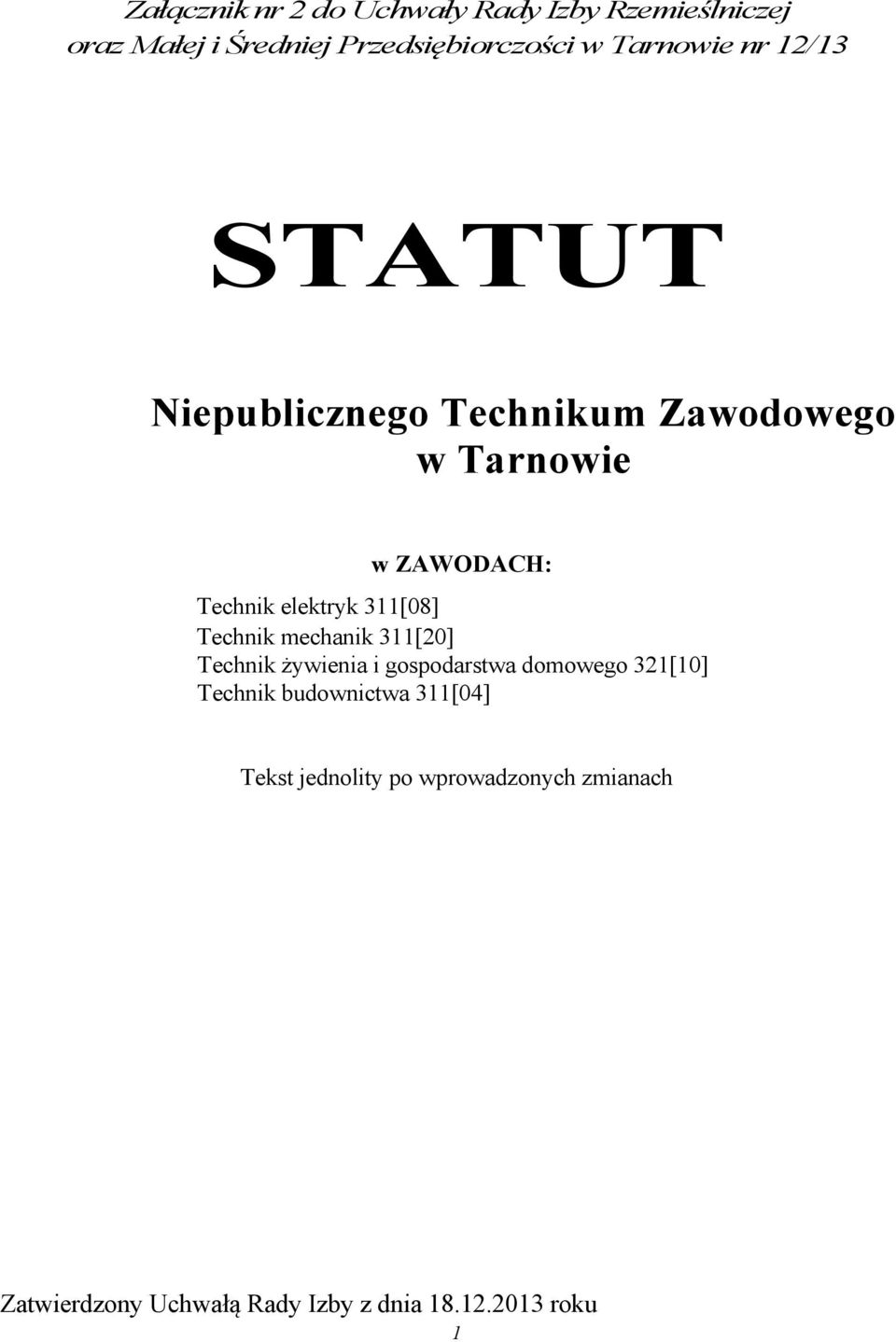 311[08] Technik mechanik 311[20] Technik żywienia i gospodarstwa domowego 321[10] Technik