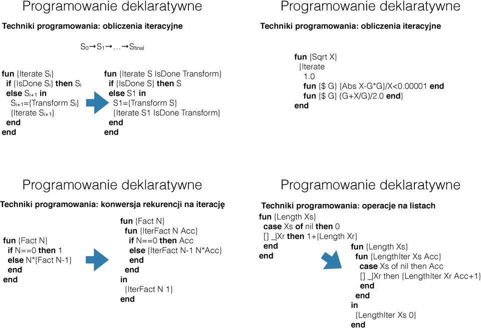 0 } Techniki programowania: konwersja rekurencji na iterację fun {Fact N} if N==0 then 1 else N*{Fact N-1} fun {Fact N} fun {IterFact N Acc} if N==0 then Acc else {IterFact N-1 N*Acc} in {IterFact N