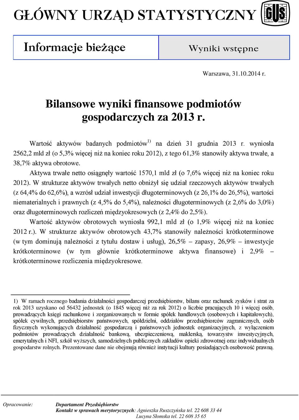 Aktywa trwałe netto osiągnęły wartość 1570,1 mld zł (o 7,6% więcej niż na koniec roku 2012).