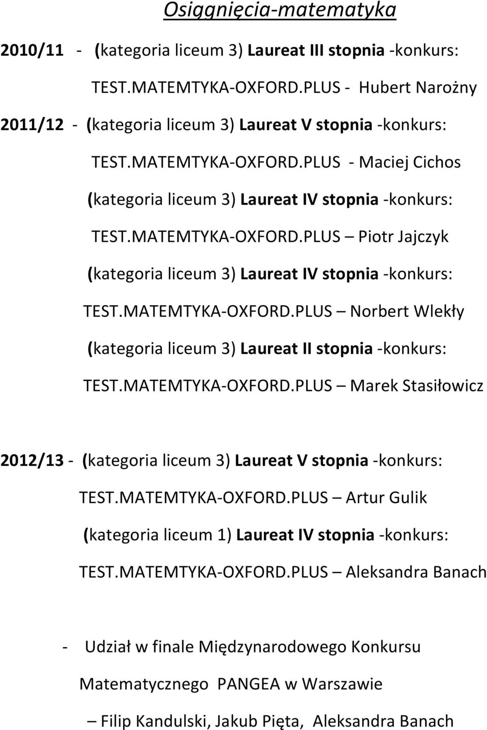 MATEMTYKA-OXFORD.PLUS Norbert Wlekły (kategoria liceum 3) Laureat II stopnia -konkurs: TEST.MATEMTYKA-OXFORD.PLUS Marek Stasiłowicz 2012/13 - (kategoria liceum 3) Laureat V stopnia -konkurs: TEST.