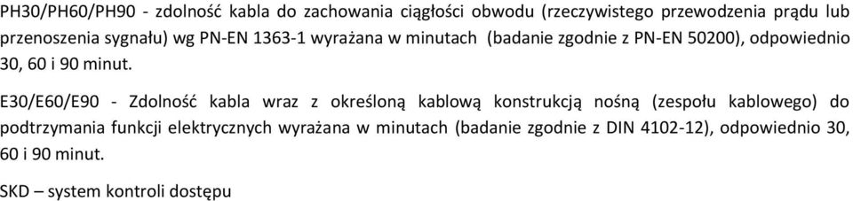 E30/E60/E90 - Zdolność kabla wraz z określoną kablową konstrukcją nośną (zespołu kablowego) do podtrzymania funkcji