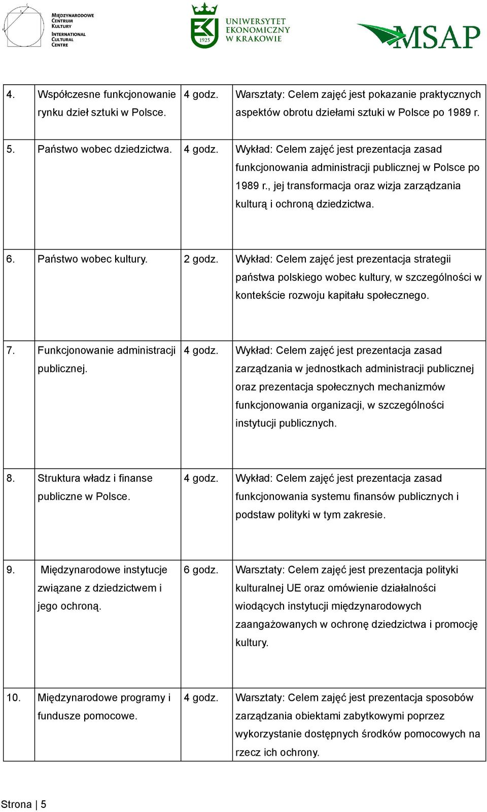Państwo wobec kultury. 2 godz. Wykład: Celem zajęć jest prezentacja strategii państwa polskiego wobec kultury, w szczególności w kontekście rozwoju kapitału społecznego. 7.