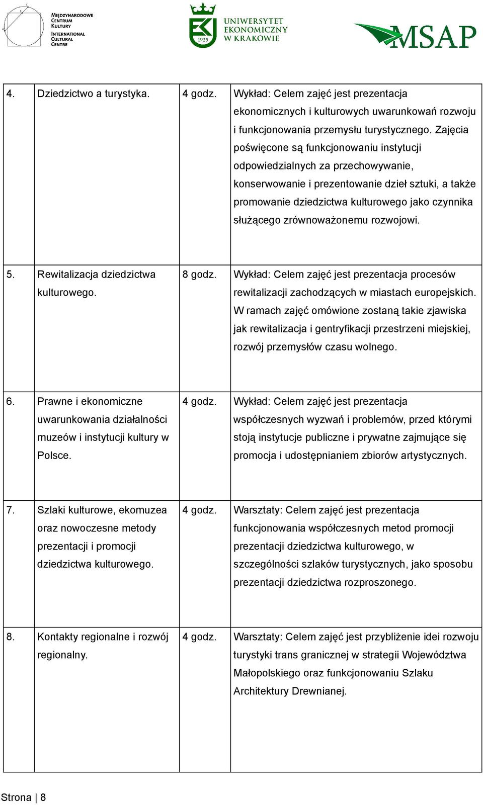 zrównoważonemu rozwojowi. 5. Rewitalizacja dziedzictwa kulturowego. 8 godz. Wykład: Celem zajęć jest prezentacja procesów rewitalizacji zachodzących w miastach europejskich.