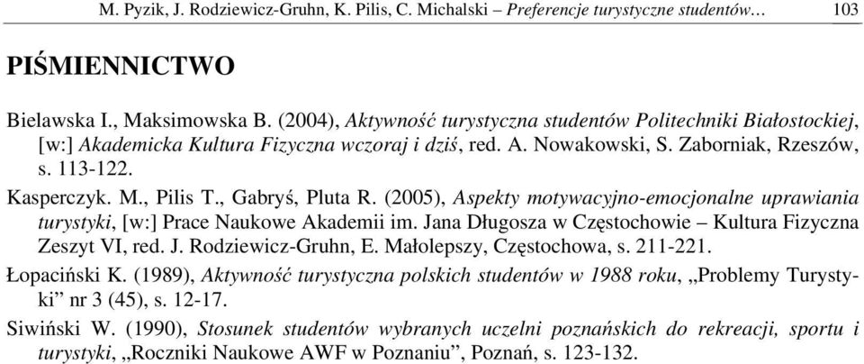 , Gabryś, Pluta R. (2005), Aspekty motywacyjno-emocjonalne uprawiania turystyki, [w:] Prace Naukowe Akademii im. Jana Długosza w Częstochowie Kultura Fizyczna Zeszyt VI, red. J. Rodziewicz-Gruhn, E.