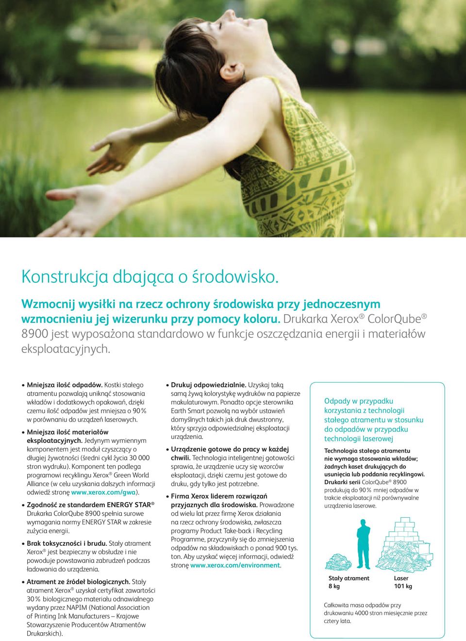Kostki stałego atramentu pozwalają uniknąć stosowania wkładów i dodatkowych opakowań, dzięki czemu ilość odpadów jest mniejsza o 90% w porównaniu do urządzeń laserowych.