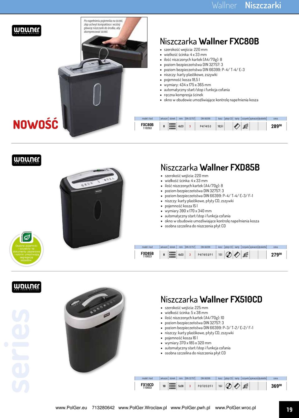 niszczy: karty plastikowe, zszywki pojemność kosza 18,5 l wymiary: 434 x 175 x 365 mm automatyczny start/stop i funkcja cofania ręczna kompresja ścinek okno w obudowie umożliwiające kontrolę