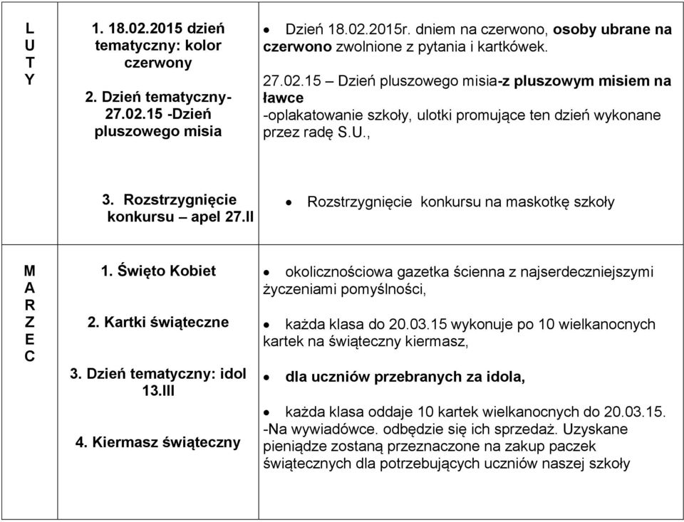 15 Dzień pluszowego misia-z pluszowym misiem na ławce -oplakatowanie szkoły, ulotki promujące ten dzień wykonane przez radę S.U., 3. ozstrzygnięcie konkursu apel 27.