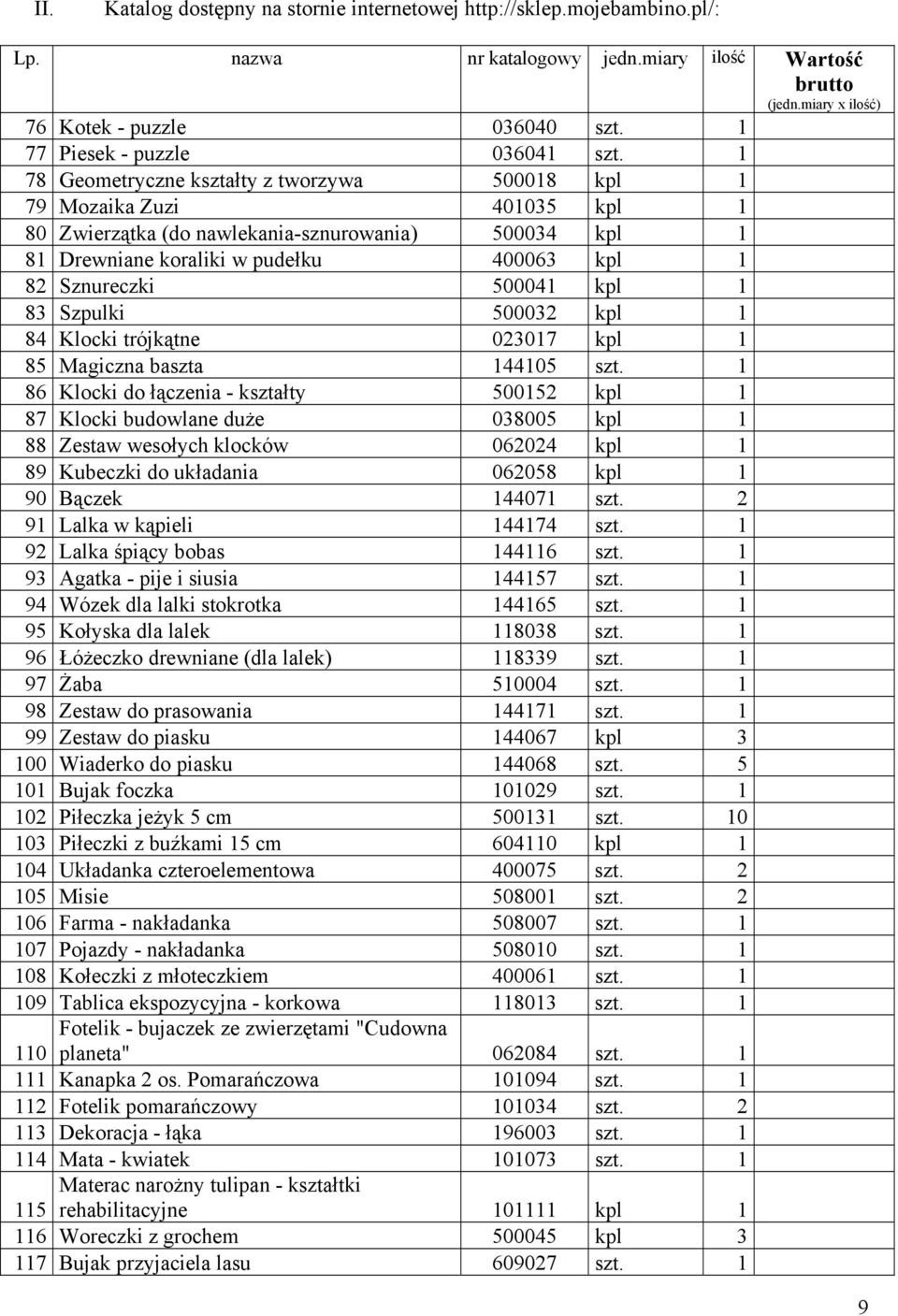 1 78 Geometryczne kształty z tworzywa 500018 kpl 1 79 Mozaika Zuzi 401035 kpl 1 80 Zwierzątka (do nawlekania-sznurowania) 500034 kpl 1 81 Drewniane koraliki w pudełku 400063 kpl 1 82 Sznureczki