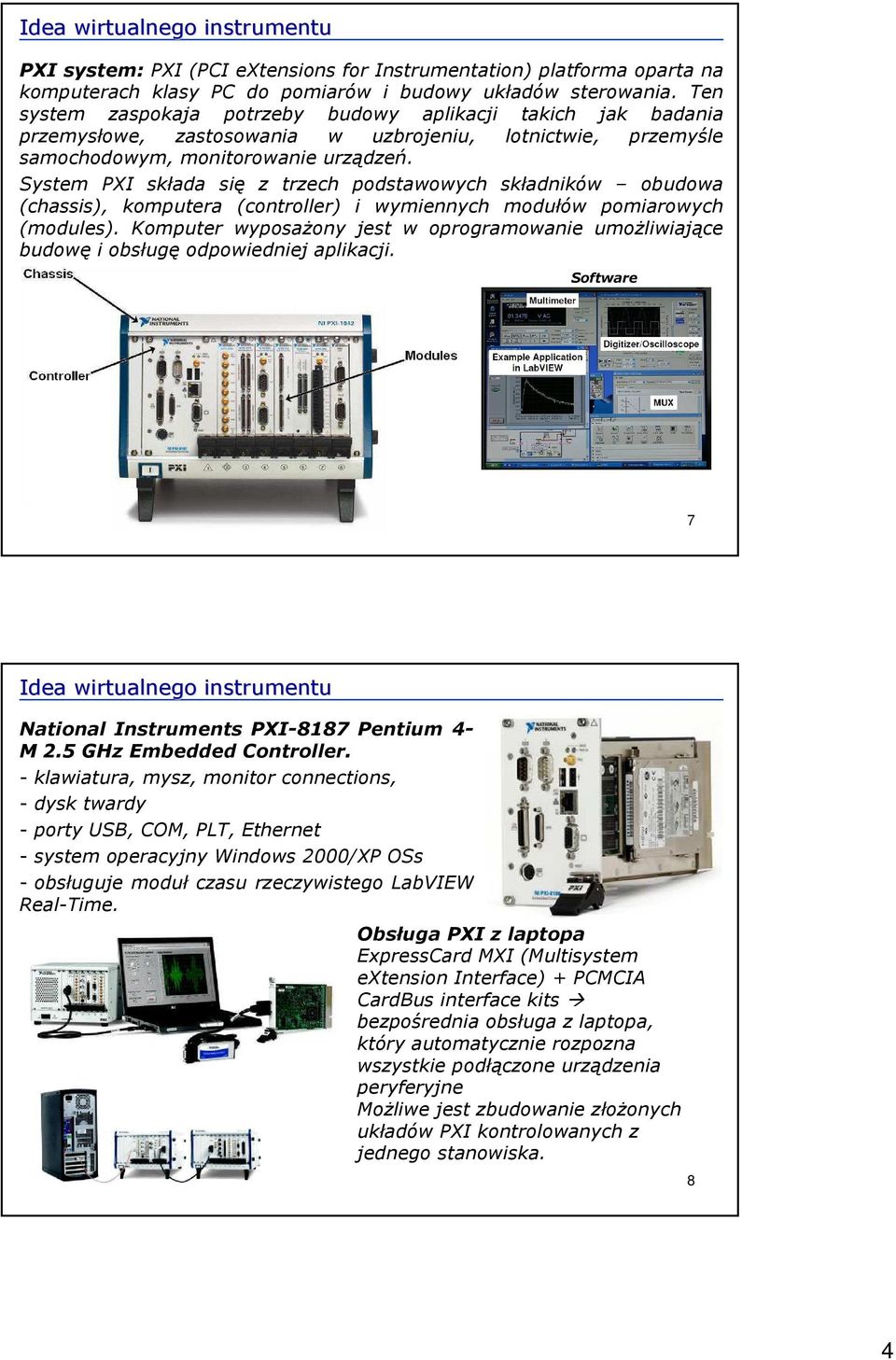 System PXI składa się z trzech podstawowych składników obudowa (chassis), komputera (controller) i wymiennych modułów pomiarowych (modules).